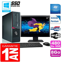 PC Fujitsu Esprimo E720 E85+ SFF G3220 8Go Disque 480 Go SSD Wifi W7 Ecran 22" · Occasion 