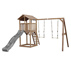 Aire de jeux en bois marron avec 2 balançoires et toboggan bleu Beach Tower Axi