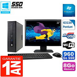 PC HP EliteDesk 800 G1 SFF Ecran 22" Intel G3220 8Go Disque 960 Go SSD Wifi W7 · Occasion 