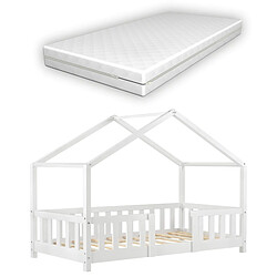 Decoshop26 Lit pour enfant cabane maison avec matelas barrière et sommier en bois de pin blanc 70 x 140 cm 03_0005457