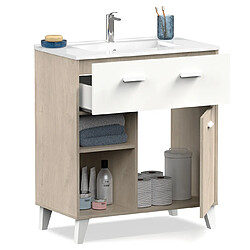 Pegane Meuble Vasque 1 porte + 1 tiroir coloris effet bois / blanc - Hauteur 90 x Longueur 82 x Profondeur 47 cm