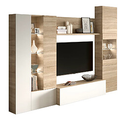 Alter Meuble de salon modulable composé d'un module meuble TV bas à une porte, de deux vitrines à trois portes et de luminaires LED avec une étagère centrale, coloris chêne avec inserts blanc brillant, 260 x185 x 42 cm.