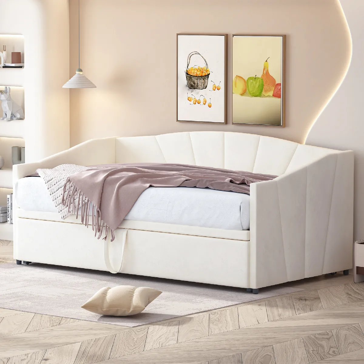 KOMHTOM Lit rembourré beige 90 / 180 * 200 cm, tissu velours pro - peau, canapé - lit extensible avec cadre à Lattes pas cher