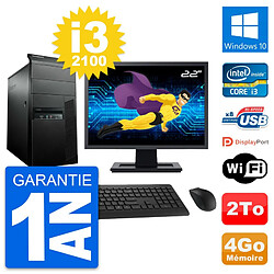 PC Tour Lenovo M91p Ecran 22" Intel i3-2100 RAM 4Go Disque 2To Windows 10 Wifi - Occasion