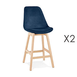 Mes Lot de 2 chaises de bar H66 cm en tissu bleu pieds naturels - ELO