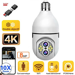 Caméra de Surveillance Intérieure Ampoule 4K 8MP Zoom 10X Sécurité à Domicile WiFi Suivi automatique + Lecteur + Carte Micro SD 128G