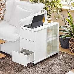 SoBuy Bout de Canapé, Table d'appoint Roulante, Table Basse, Table à Café avec 3 Tiroir, pour Salon, Bureau, Chambre, Bois et Verre, Blanc, L70xP35xH61cm, FBT141-W pas cher