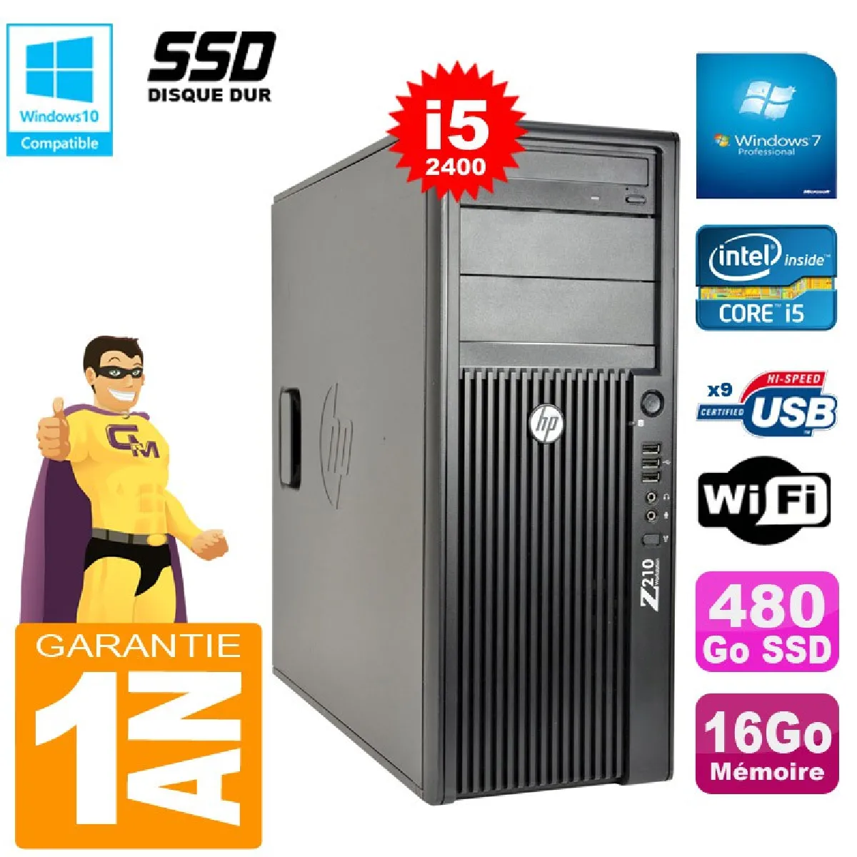 PC Tour HP WorkStation Z210 I5-2400 RAM 16Go Disque 480Go SSD Graveur DVD Wifi W7 - Occasion