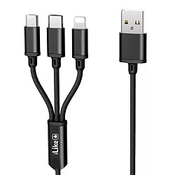 iLike CCI02 Fil Tressé Durable USB 3en1 Ensemble de Câbles USB vers Micro USB / Lightning / Type-C 1m Noir 