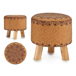 TABOURET REMBOURRE POUF MANDALA MARRON POUF LIEGE ROND 3 PATES BOIS MANDALA REPOSE PIEDS POUF REMBOURRE 28X28X28CM+GIFTDECOR