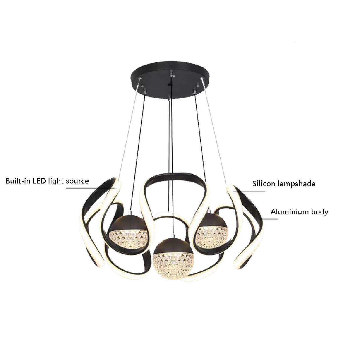 Universal Lustre LED en boule de cristal noir, gradation tricolore, adapté aux salles d'étude, aux chambres et aux hôtels pas cher