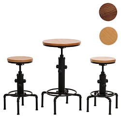 Mendler Set table de bar + 2x tabourets de bar HWC-N23, chaise de bar table haute réglable en hauteur pivotante repose-pieds Industrial acier bois ~ naturel