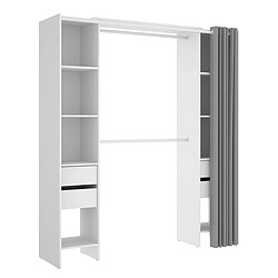 Pegane Armoire dressing extensible avec rideau + 4 tiroirs coloris blanc - Longueur 100-180 x Hauteur 203 x Profondeur 50 cm