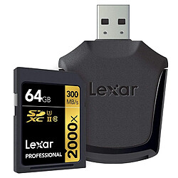 LEXAR Carte SDXC 64 Go 2000X Pro 300 Mo/s UHS-II U3 + lecteur de carte USB 3