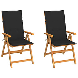 vidaXL Chaises de jardin lot de 2 et coussins noir Bois de teck massif 