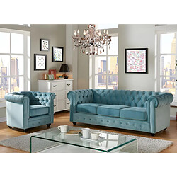 Vente-Unique Canapé 3 places et fauteuil CHESTERFIELD - Velours bleu pastel 