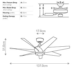 Elstead Lighting Ventilateur de plafond 137 cm, 7 pales, argent satiné antique, télécommande