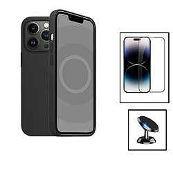 PHONECARE Kit Film Verre Trempé 5D Full Cover + Coque Silicone Liquide + Support Magnétique de Voiture pour Apple iPhone 15 Pro Max - Noir 