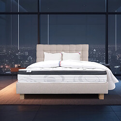 LUXURY LITERIE Ensemble matelas Sleeplux 140x200 cm + sommier beige ep20cm + 2 oreillers + couette + Tête de Lit