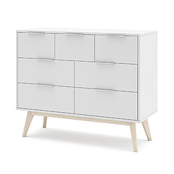 Pegane Commode, meuble de rangement en pin et MDF avec 7 tiroirs coloris blanc - Longueur 120 x Profondeur 40 x Hauteur 83 cm