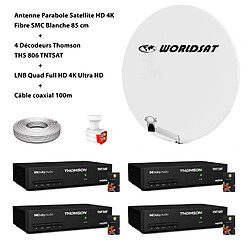 Kit Antenne Parabole Sat HD 4K Fibre SMC Blanche 85cm WORLDSAT + 4 Décodeurs Thomson THS 806 TNTSAT + LNB Quad 4K Ultra Full HD + Câble coaxial 100m 