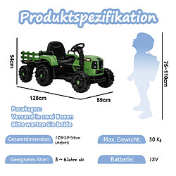 LBF Tracteur de conduite avec remorque, jouet de tracteur électrique alimenté par batterie 12 V avec télécommande, voiture électrique pour enfants, trois vitesses réglables, affichage de la puissance, USB, MP3, Bluetooth, LED