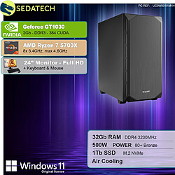 Sedatech Pack PC de bureau Silent • AMD Ryzen 7 5700X • GT1030 • 32Go RAM • 1To SSD M.2 • Windows 11 • Moniteur 24"