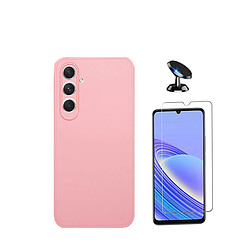 Kit de film en verre trempé de la couverture 5D + couvercle de silicone liquide + SuppOrt Magnétique Phonecare pour Samsung Galaxy A15 - rose 