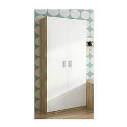 Pegane Armoire, meuble de rangement 2 portes coloris Chêne cambrian/Blanc - Longueur 90 x profondeur 50 x hauteur 199,4 cm 