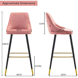 Decoshop26 2x tabourets de bar en velours rose avec dossier capitonné et repose-pieds métal noir et or TDB09207