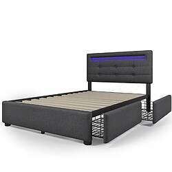 Sweiko Lit LED avec sommier tête de lit réglable en hauteur lit revêtement synthétique 90x200cm avec éclairage et 2 tiroirs Gris (sans matelas)