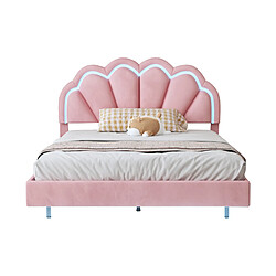 KOMHTOM Lit rembourré 140 x 200 cm, avec banquette escamotable, éclairage LED, lit plat double, rose, tissu velours pas cher