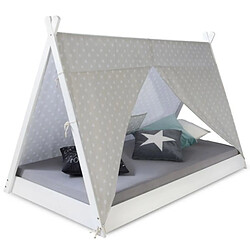 Homestyle4U Lit enfant tipi avec matelas lit tente 90x200 lit ado toile gris blanc étoiles 