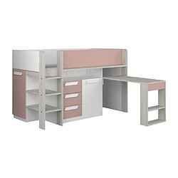 Vente-Unique Lit combiné 90 x 200 cm - Avec bureau et rangements - Rose, naturel et blanc - LOUKALA