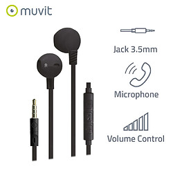 Muvit Écouteurs Jack California Câble Plat avec Micro et Boutons de Contrôle de Volume Noir