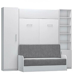 Inside 75 Composition lit escamotable blanc mat DYNAMO SOFA canapé accoudoirs blanc mat et gris colonne armoire + bibliothèque 140*200 