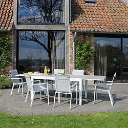 Wilsa Garden Ensemble TULUM 6/10p en aluminium blanc et plateau en aluminium décors bois avec 6 fauteuils et 4 chaises pliantes en aluminium et textilène Salon de jardin en aluminium décor bois Tulum Table + 6 fauteuils + 4 chaises