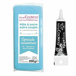 Scrapcooking Pâte à sucre de couverture bleu 200 g + Stylo de glaçage noir 