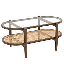 Helloshop26 Table basse ovale en verre trempé avec cadre en bois d'acacia table de salon 2 niveaux avec étagère ouverte en rotin pe marron 20_0009334