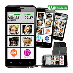 Le Smart Photo Contact 5,5 pouces Le Smart Photo Contact 5,5 pouces, la taille d'écran idéale pour une interface sénior avec 9 photos contacts, 6 heures de coach accompagnateur offertes et pochette de rangement inclinable