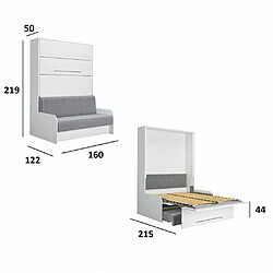 Inside 75 Armoire lit escamotable SOFA AUTOMATICA 140 cm blanc brillant canapé gris MECANIQUE SEDAC MERAL