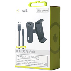 Muvit Support Voiture Grip 360° + Chargeur allume-cigare + Câble USB vers Lightning Noir