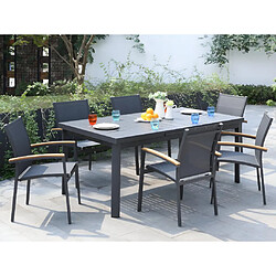 Vente-Unique Salle à manger de jardin en aluminium : une table extensible 180/240cm et 6 fauteuils empilables avec accoudoirs acacia - Anthracite - NAURU de MYLIA