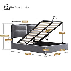 KOMHTOM Lit Hydraulique Double - 140 X 200 cm - Structure Métallique - Velours - Espace De Rangement - Gris - Matelas Inclus pas cher