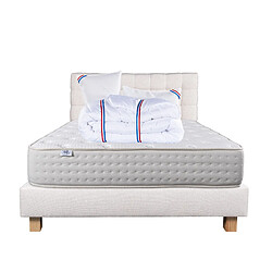 LUXURY LITERIE Ensemble matelas Purlux 140x190 cm + sommier beige ep20cm + 2 oreillers + couette + Tête de Lit