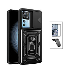 PHONECARE Kit Film Verre Trempé 5D Full Cover + Coque Magnetic Military Defender Slide Window Anti-Impact + Support Magnétique L Safe Driving Voiture pour Xiaomi 12T Pro - Noir 