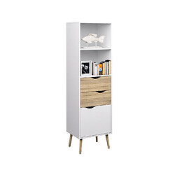 Alter Bibliothèque de style scandinave avec deux étagères, deux tiroirs et une porte, blanc et chêne, mesure 50 x 171 x 39 cm