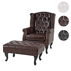 Mendler Fauteuil de relaxation Chesterfield, cuir synthétique ~ brun antique avec repose-pied