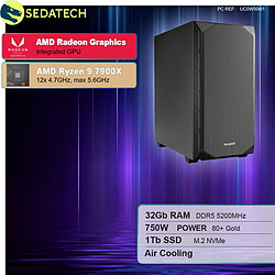 Sedatech PC de bureau Silent • AMD Ryzen 9 7900X • Radeon Vega • 32Go DDR5 • 1To SSD M.2 • sans OS