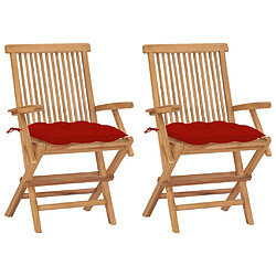 vidaXL Chaises de jardin avec coussins rouge lot de 2 Bois teck massif